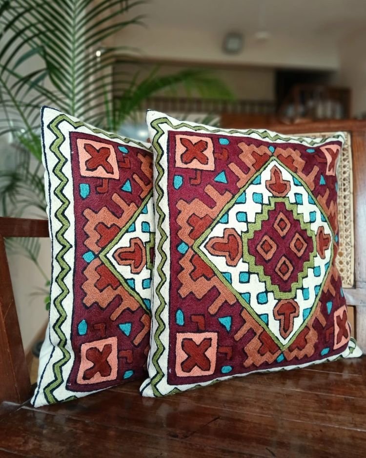 Crewel Embroidered Chainstitch Kilim Motif Cushion Covers – (CCMC0039)