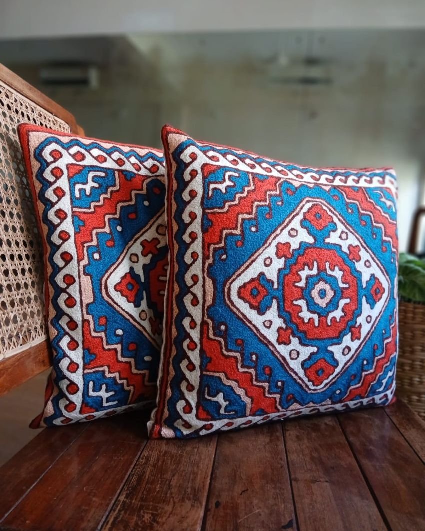 Crewel Embroidered Chainstitch Kilim Motif Cushion Covers – (CCMC0029)