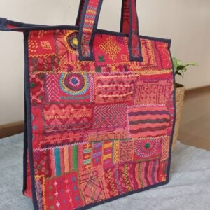 Boho Patchwork Tote Bag with Hand-Embroidery -(TOTB0019)