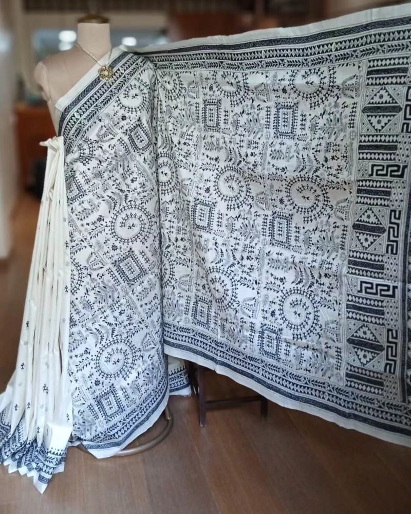 Santiniketan Kantha Saree in pure Bisnupuri Silk – (SNBK1086) - Image 4