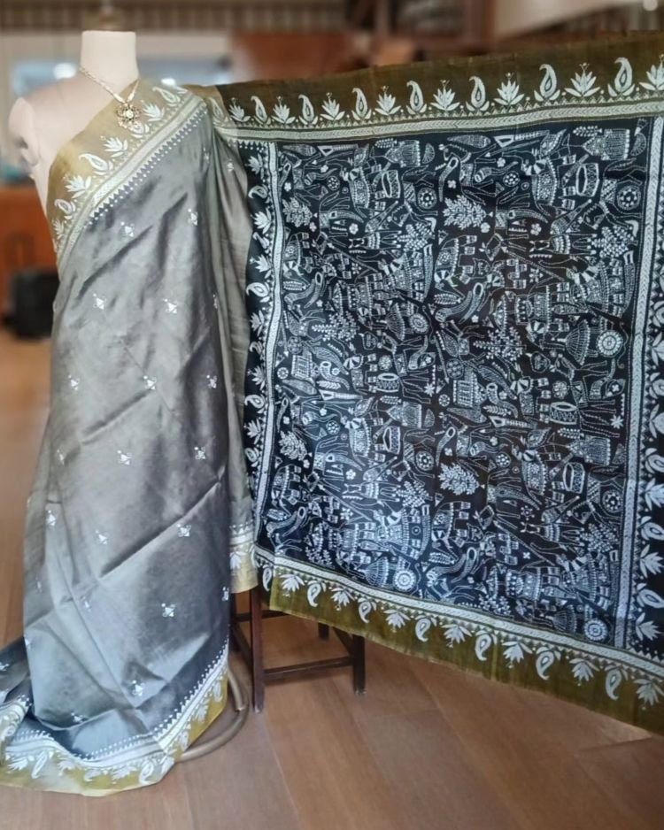 Santiniketan Kantha Saree in pure Bisnupuri Silk – (SNBK1089) - Image 2