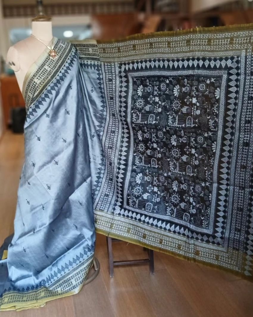 Santiniketan Kantha Saree in pure Bisnupuri Silk – (SNBK1091) - Image 2