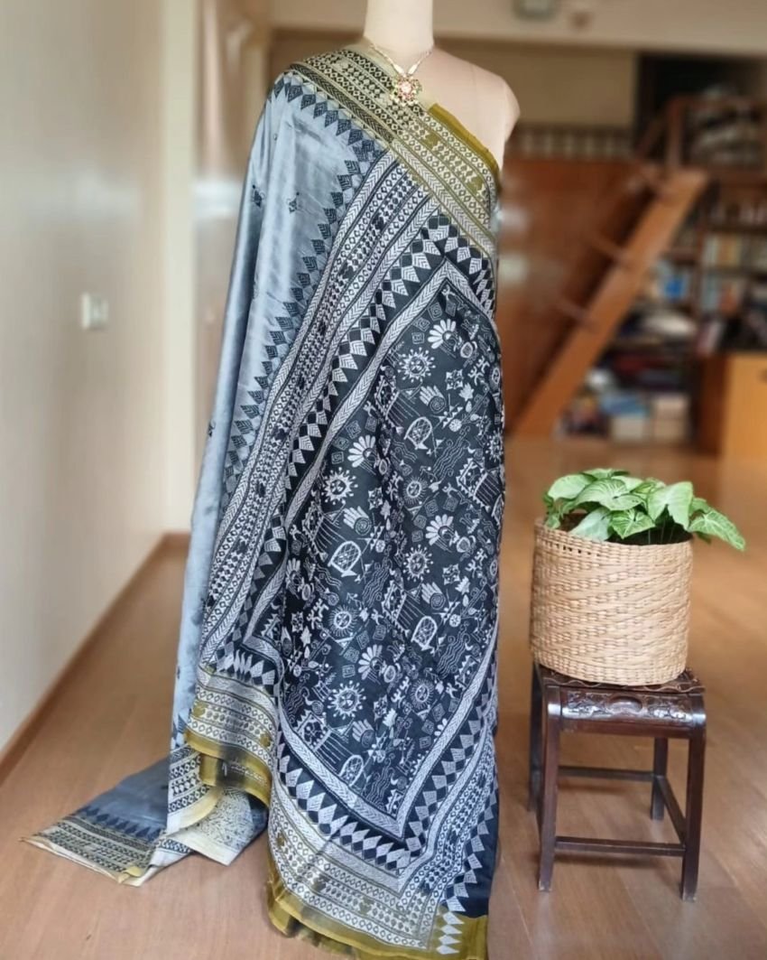 Santiniketan Kantha Saree in pure Bisnupuri Silk – (SNBK1091) - Image 8