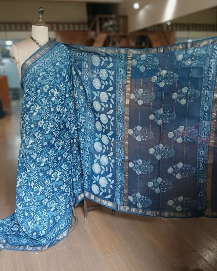 Hand Blockprint on Silk-Cotton from Bagru – (HBSC0002) - Image 3