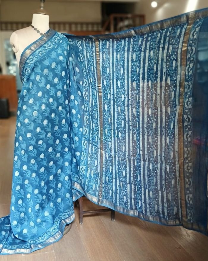 Hand Blockprint on Silk-Cotton from Bagru – (HBSC0004) - Image 3