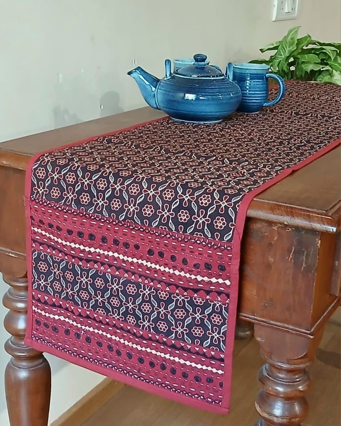 Embroidered Ajrakh Table Runner in Natural Dyes – (EATR0007)