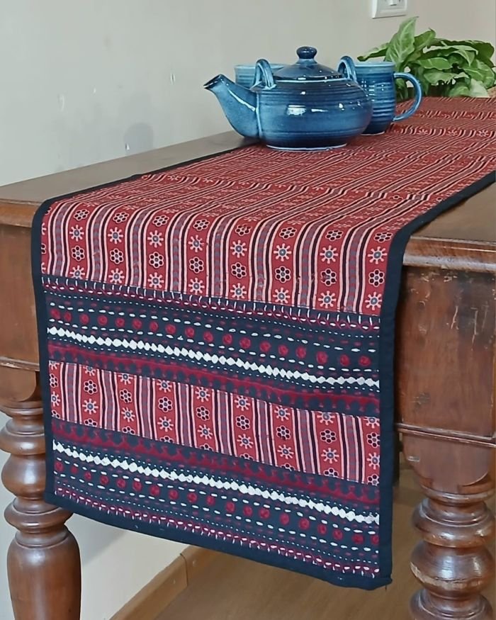 Embroidered Ajrakh Table Runner in Natural Dyes – (EATR0020)