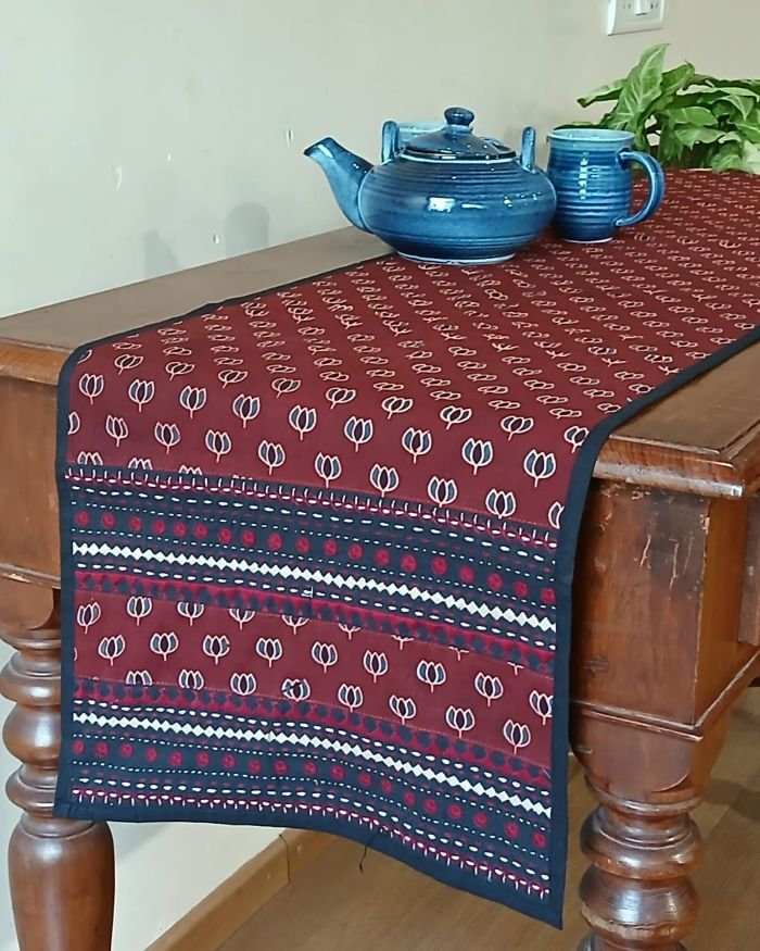Embroidered Ajrakh Table Runner in Natural Dyes – (EATR0008)