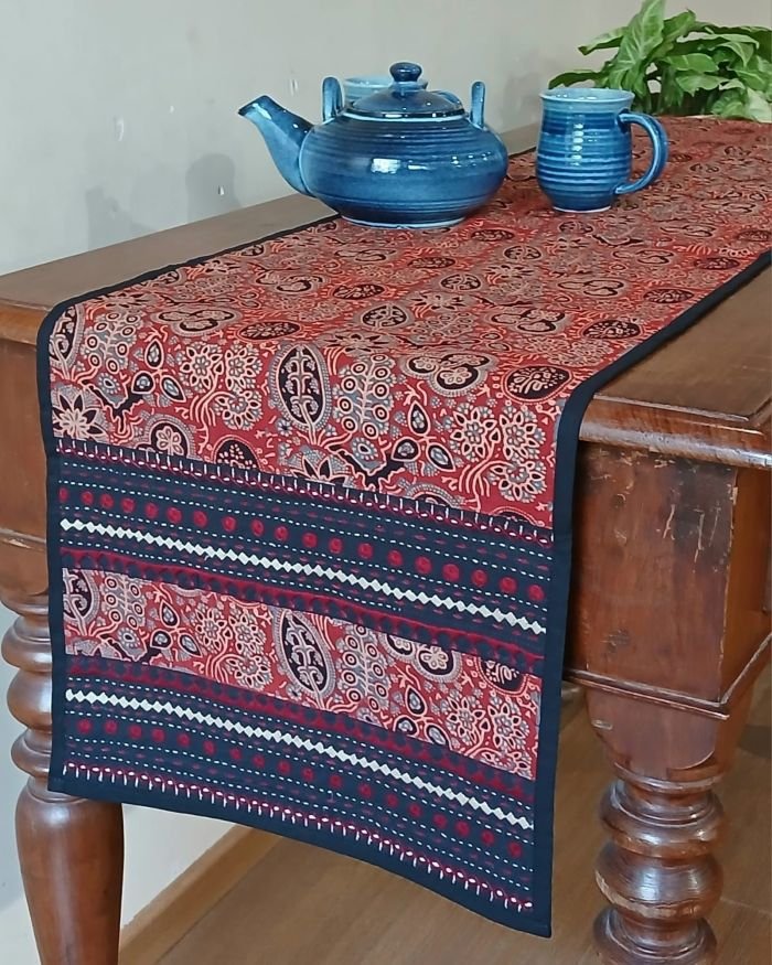 Embroidered Ajrakh Table Runner in Natural Dyes – (EATR0010)