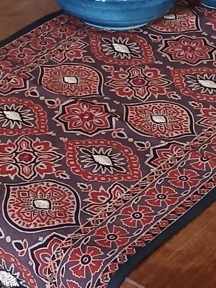 Embroidered Ajrakh Table Runner in Natural Dyes – (EATR0013) - Image 3
