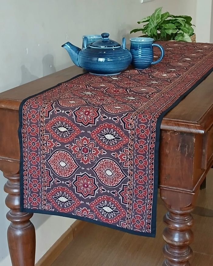 Embroidered Ajrakh Table Runner in Natural Dyes – (EATR0013)