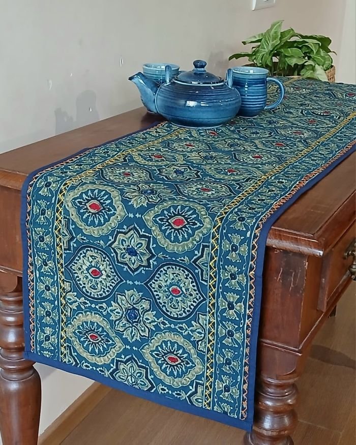 Embroidered Ajrakh Table Runner in Natural Dyes – (EATR0014)