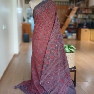 Barmer Ajrakh with Embroidered Palla Mul Cotton Saree – (AMCE0002)