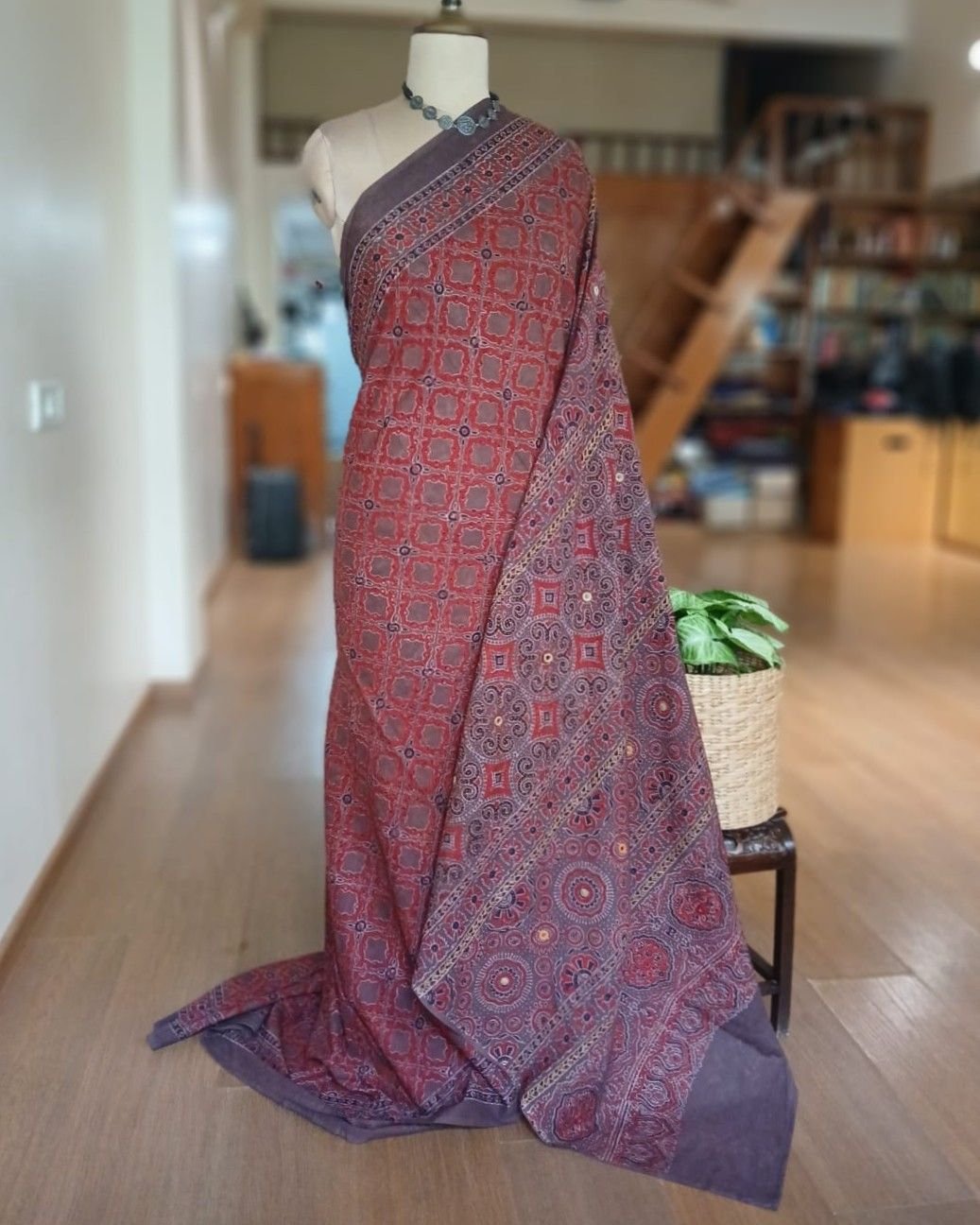 Barmer Ajrakh with Embroidered Palla Mul Cotton Saree – (AMCE0002)