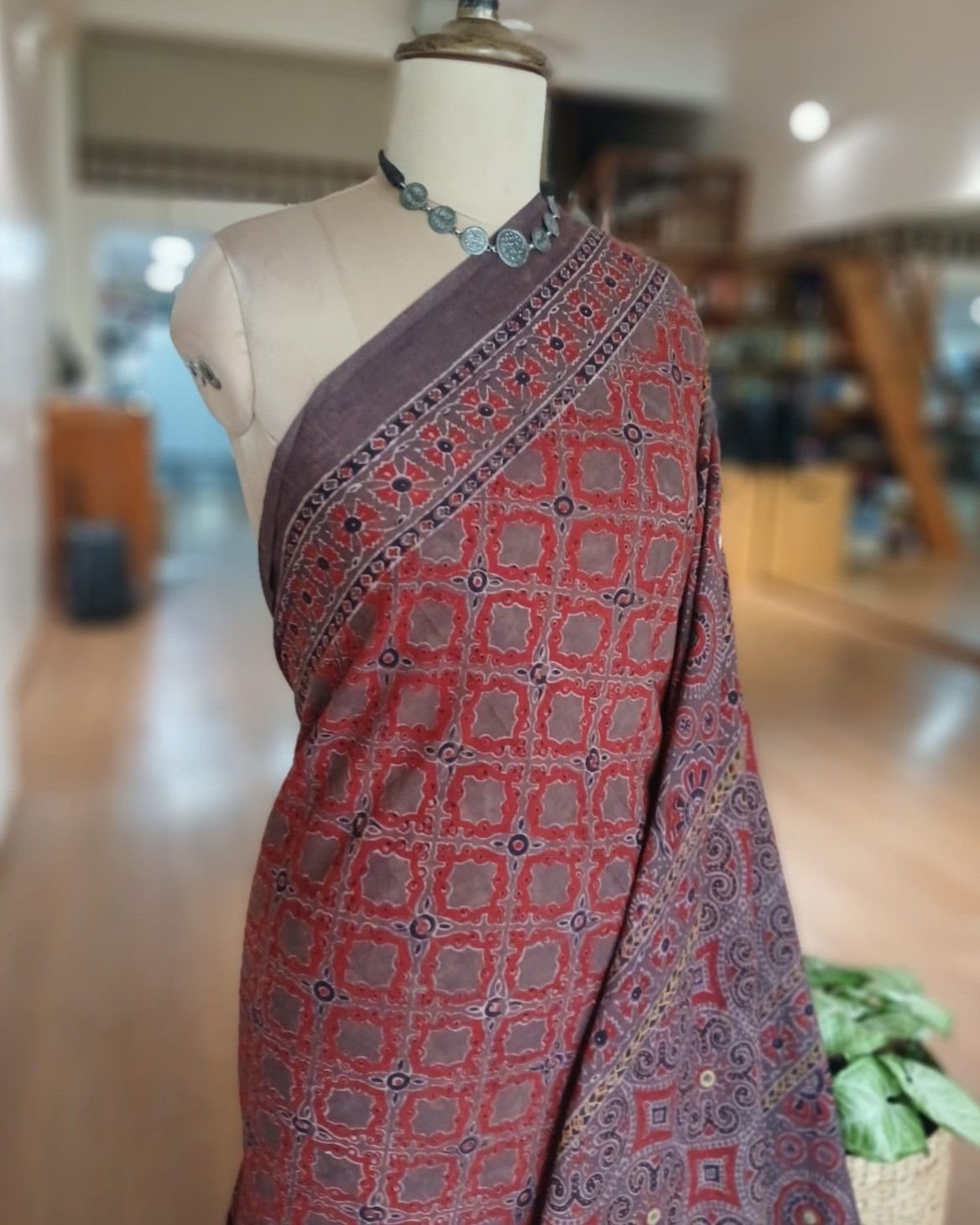 Barmer Ajrakh with Embroidered Palla Mul Cotton Saree – (AMCE0002) - Image 3