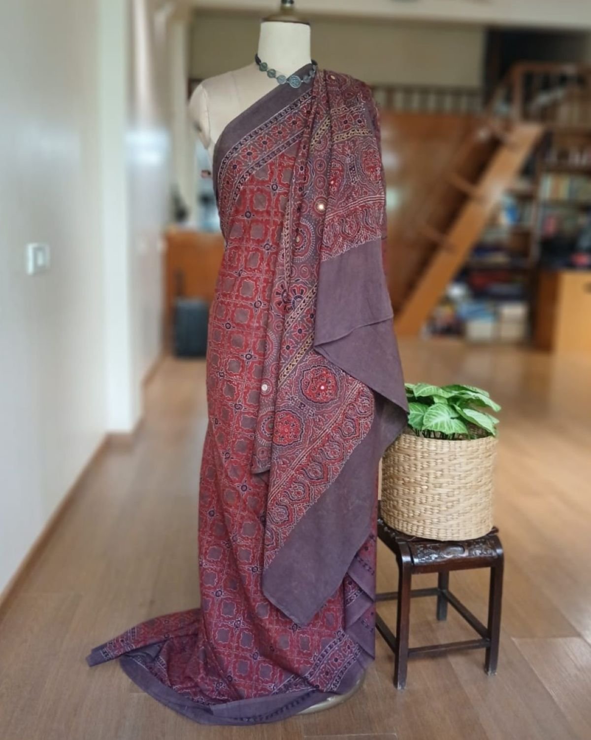 Barmer Ajrakh with Embroidered Palla Mul Cotton Saree – (AMCE0002) - Image 6