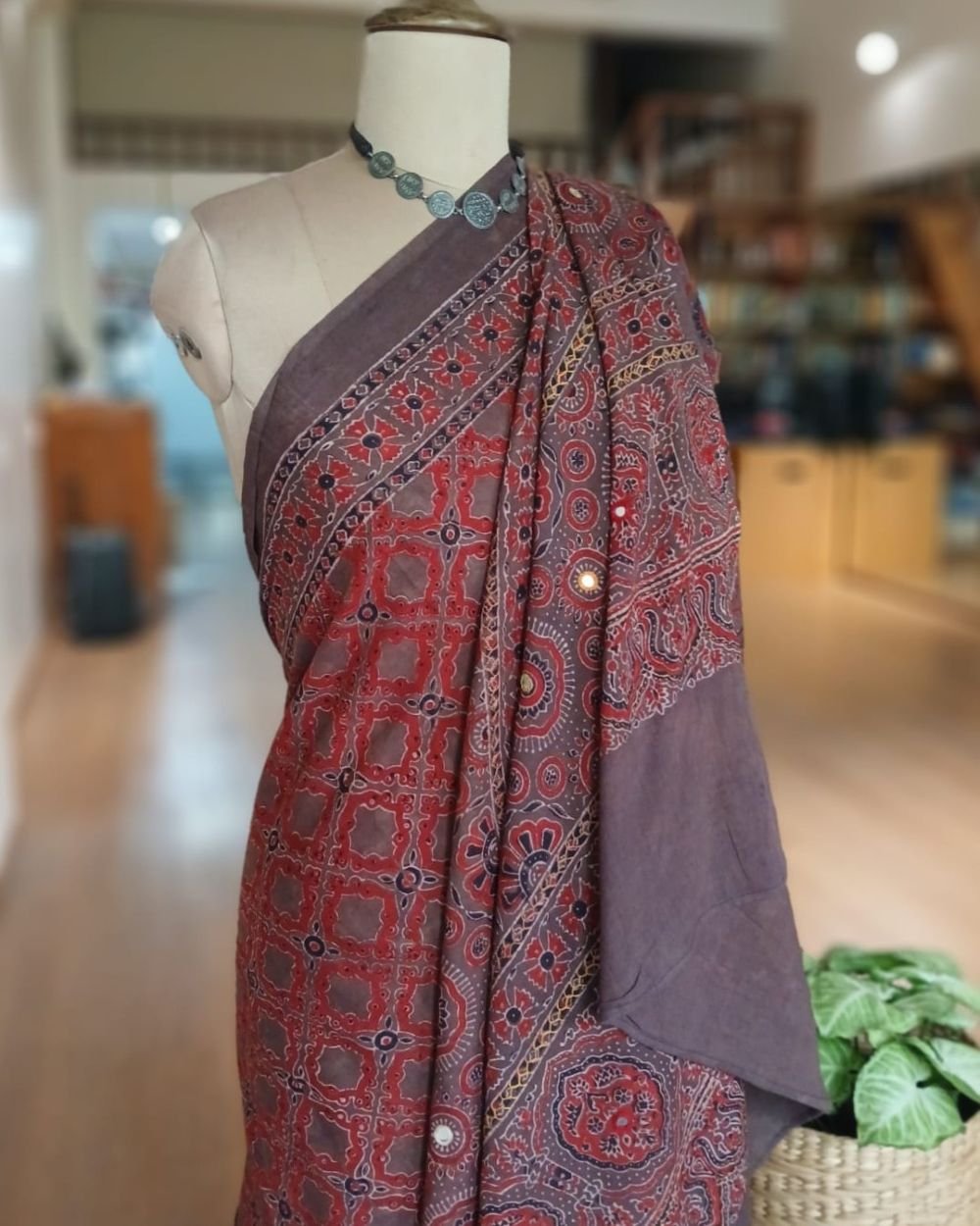 Barmer Ajrakh with Embroidered Palla Mul Cotton Saree – (AMCE0002) - Image 7