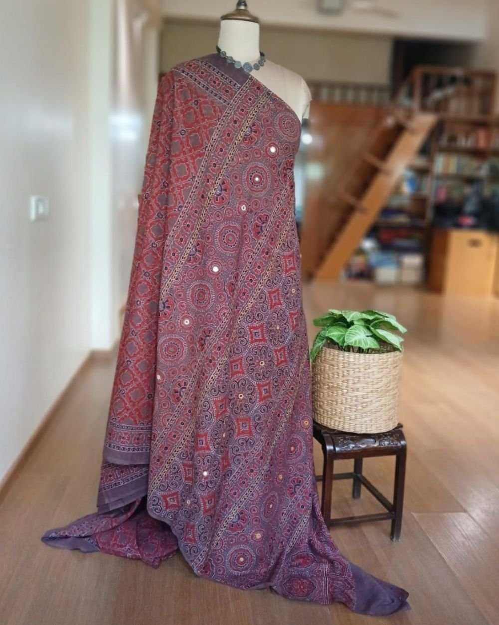 Barmer Ajrakh with Embroidered Palla Mul Cotton Saree – (AMCE0002) - Image 9