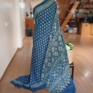 Barmer Ajrakh with Embroidered Palla Mul Cotton Saree – (AMCE0007)