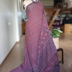Barmer Ajrakh with Embroidered Palla Mul Cotton Saree – (AMCE0005)