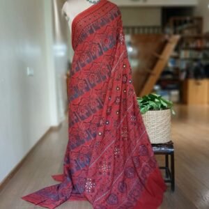 Barmer Ajrakh with Embroidered Palla Mul Cotton Saree – (AMCE0008)