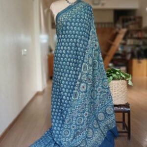 Barmer Ajrakh with Embroidered Palla Mul Cotton Saree – (AMCE0009)