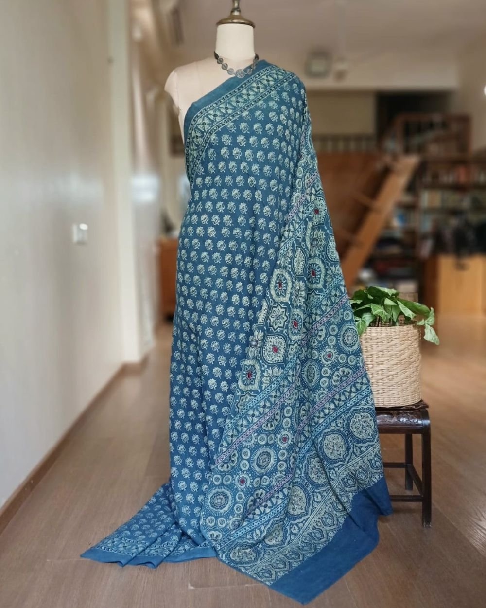 Barmer Ajrakh with Embroidered Palla Mul Cotton Saree – (AMCE0009)