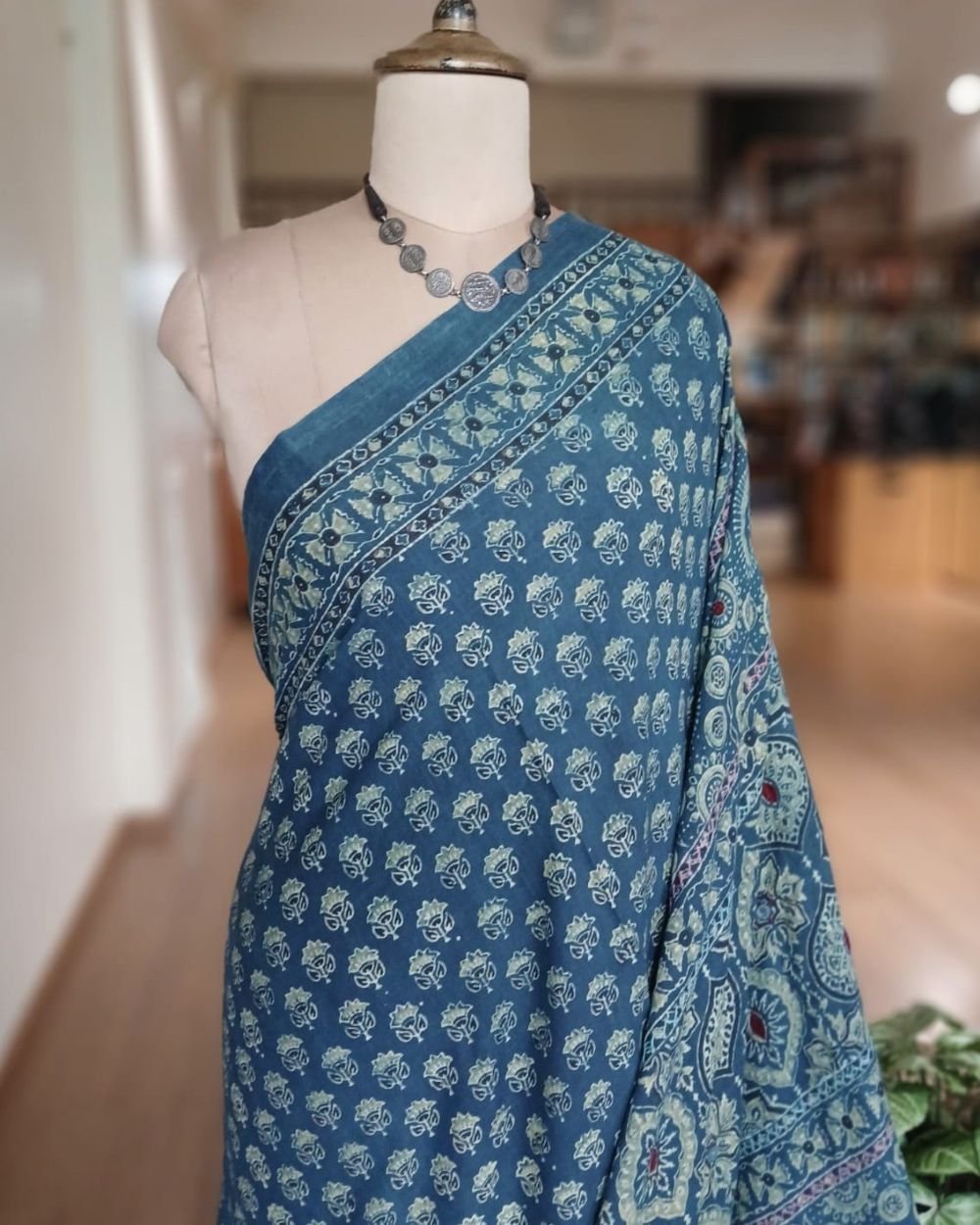Barmer Ajrakh with Embroidered Palla Mul Cotton Saree – (AMCE0009) - Image 2