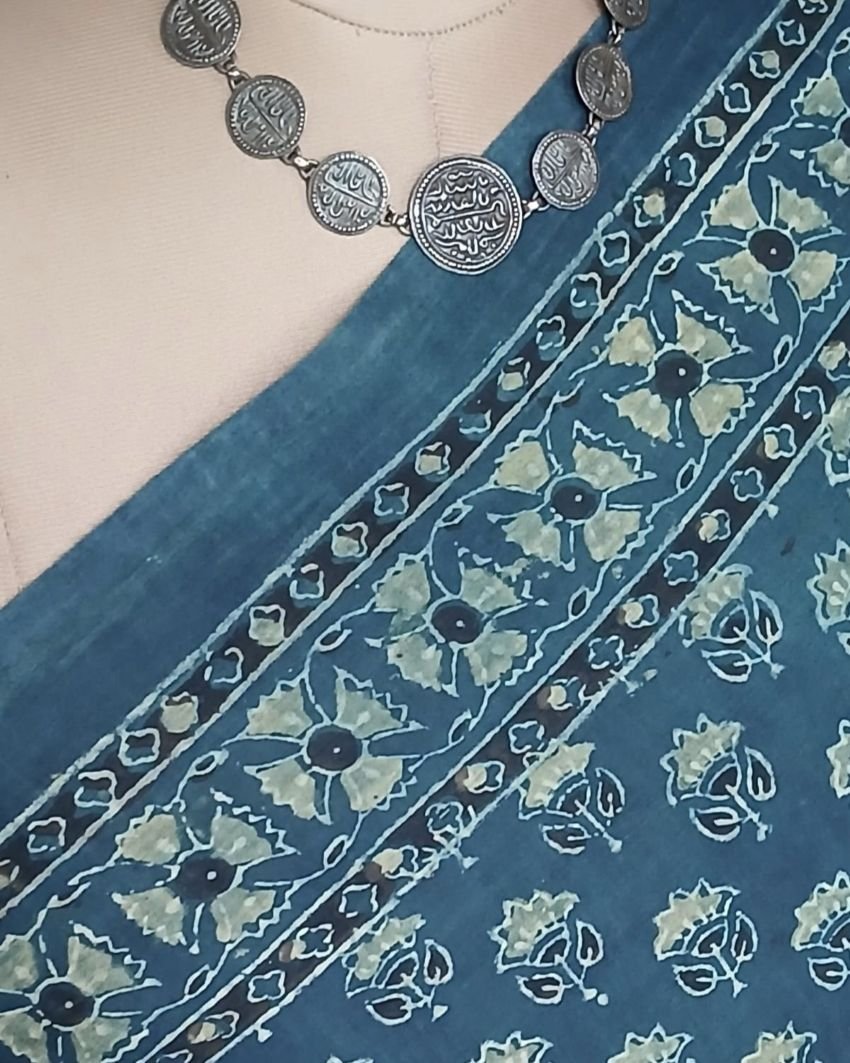 Barmer Ajrakh with Embroidered Palla Mul Cotton Saree – (AMCE0009) - Image 3