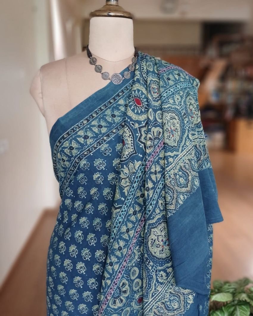 Barmer Ajrakh with Embroidered Palla Mul Cotton Saree – (AMCE0009) - Image 5