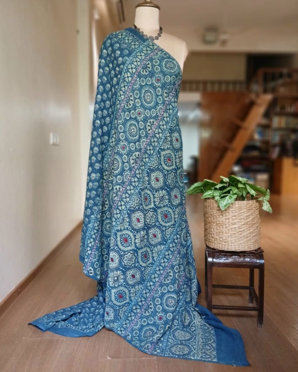 Barmer Ajrakh with Embroidered Palla Mul Cotton Saree – (AMCE0009) - Image 7