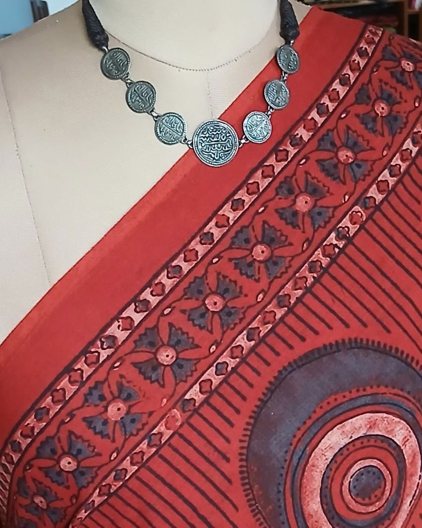 Barmer Ajrakh with Embroidered Palla Mul Cotton Saree – (AMCE0010) - Image 3