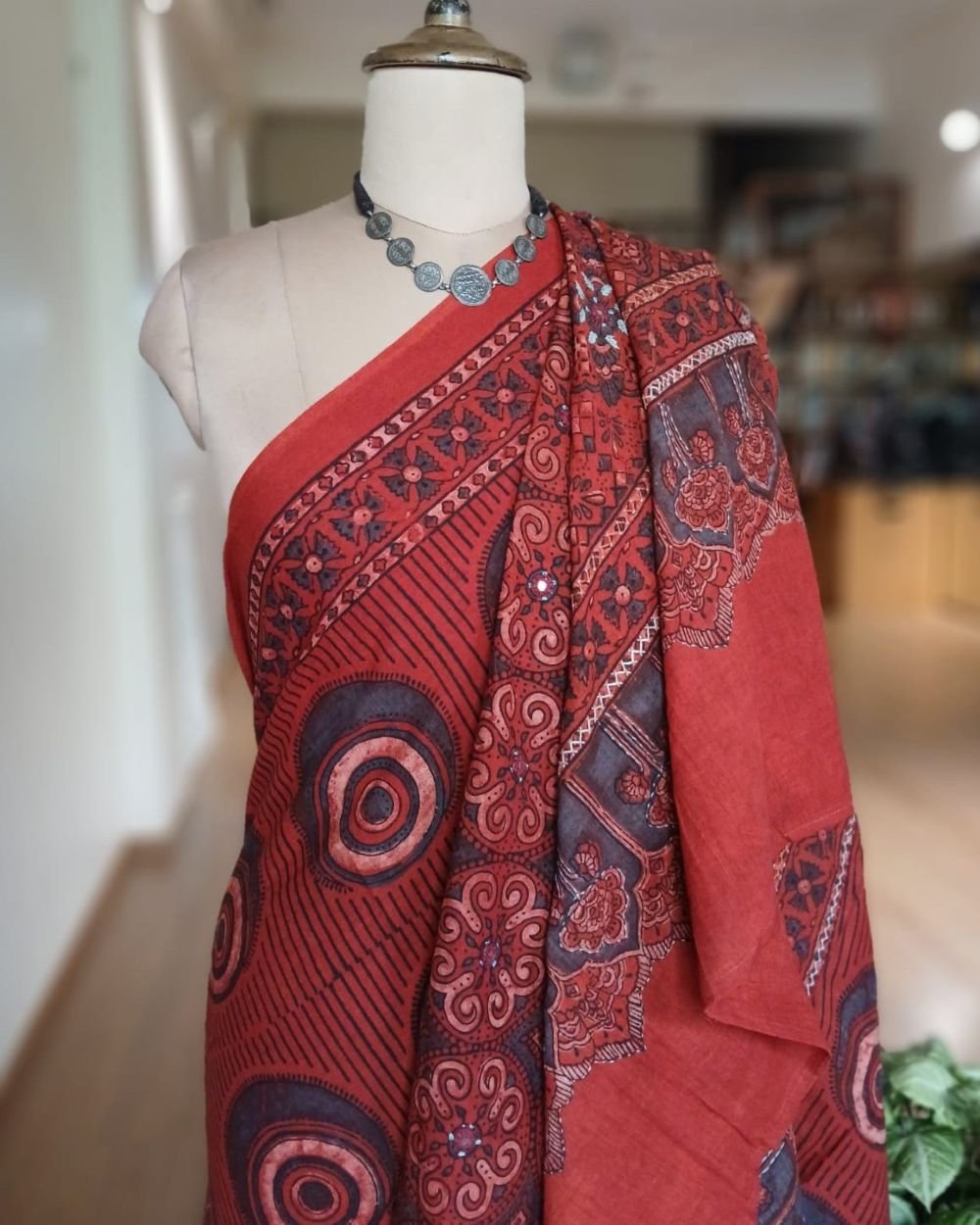 Barmer Ajrakh with Embroidered Palla Mul Cotton Saree – (AMCE0010) - Image 5
