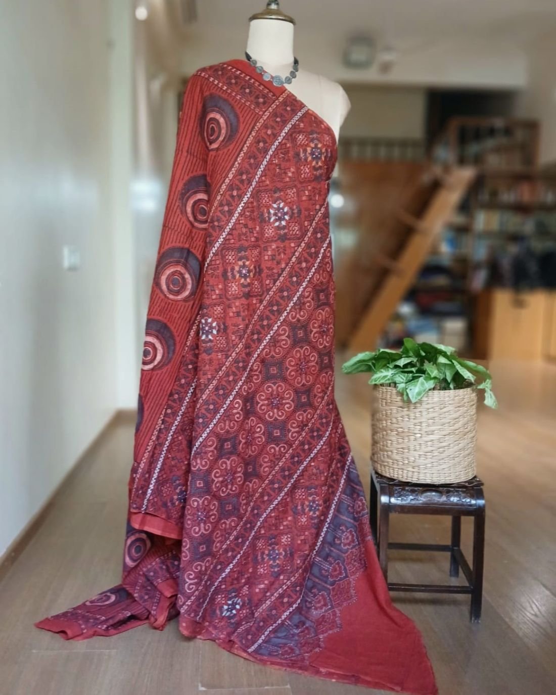 Barmer Ajrakh with Embroidered Palla Mul Cotton Saree – (AMCE0010) - Image 7