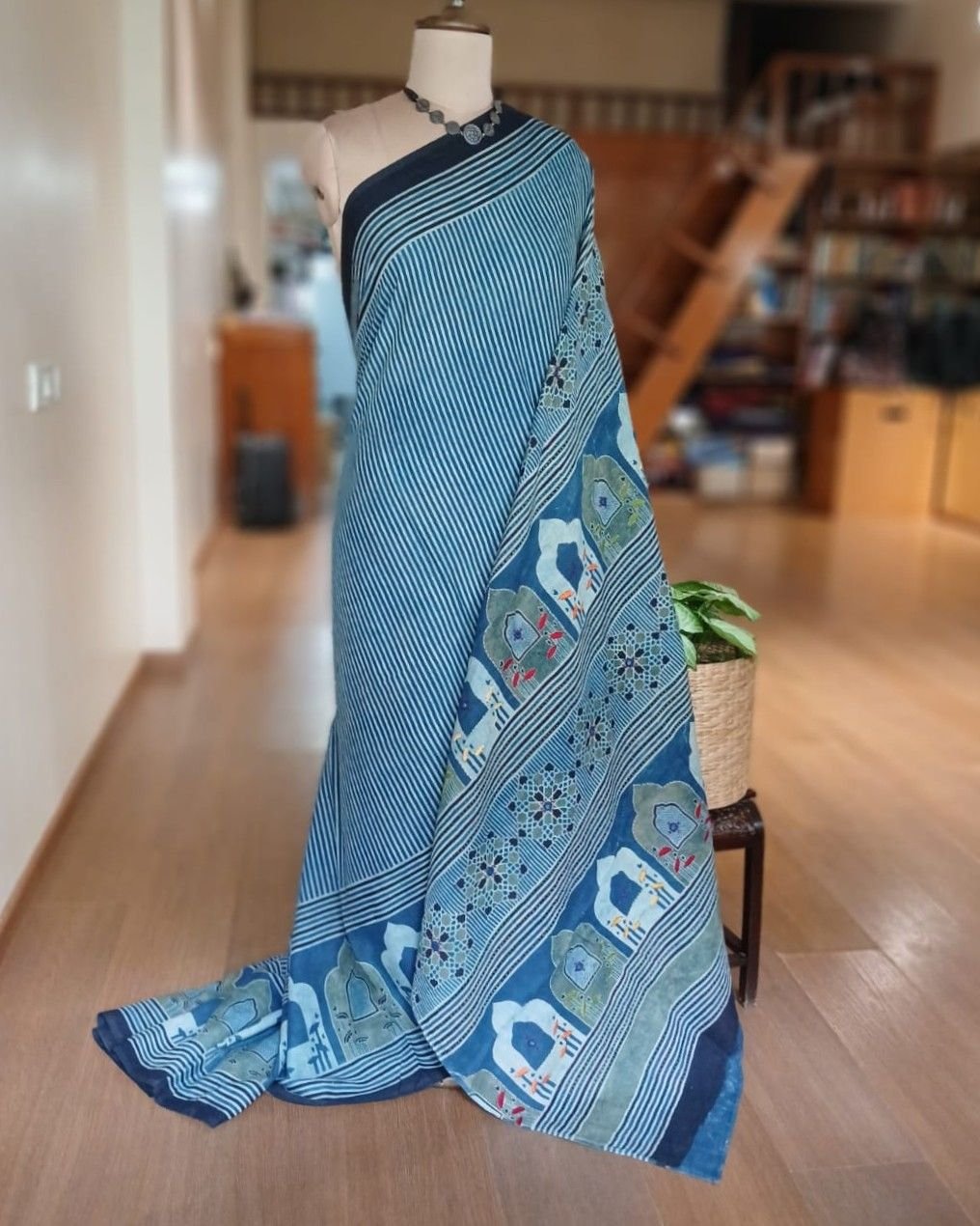 Barmer Ajrakh with Embroidered Palla Mul Cotton Saree – (AMCE0001)