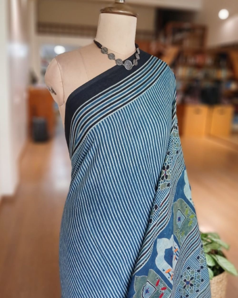 Barmer Ajrakh with Embroidered Palla Mul Cotton Saree – (AMCE0001) - Image 2
