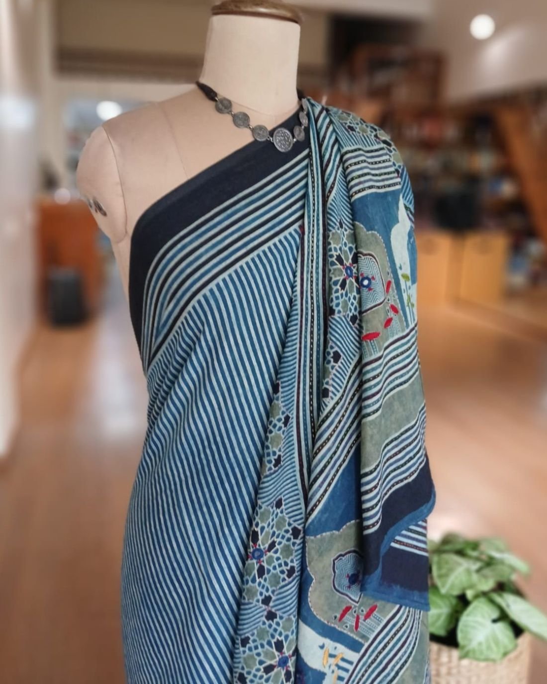 Barmer Ajrakh with Embroidered Palla Mul Cotton Saree – (AMCE0001) - Image 6
