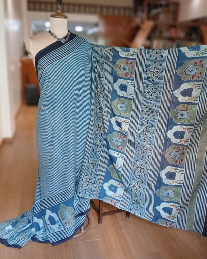 Barmer Ajrakh with Embroidered Palla Mul Cotton Saree – (AMCE0001) - Image 8