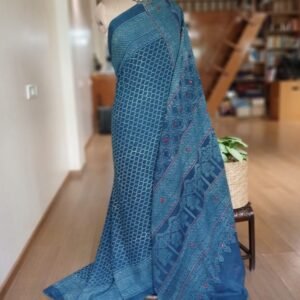Barmer Ajrakh with Embroidered Palla Mul Cotton Saree – (AMCE0003)