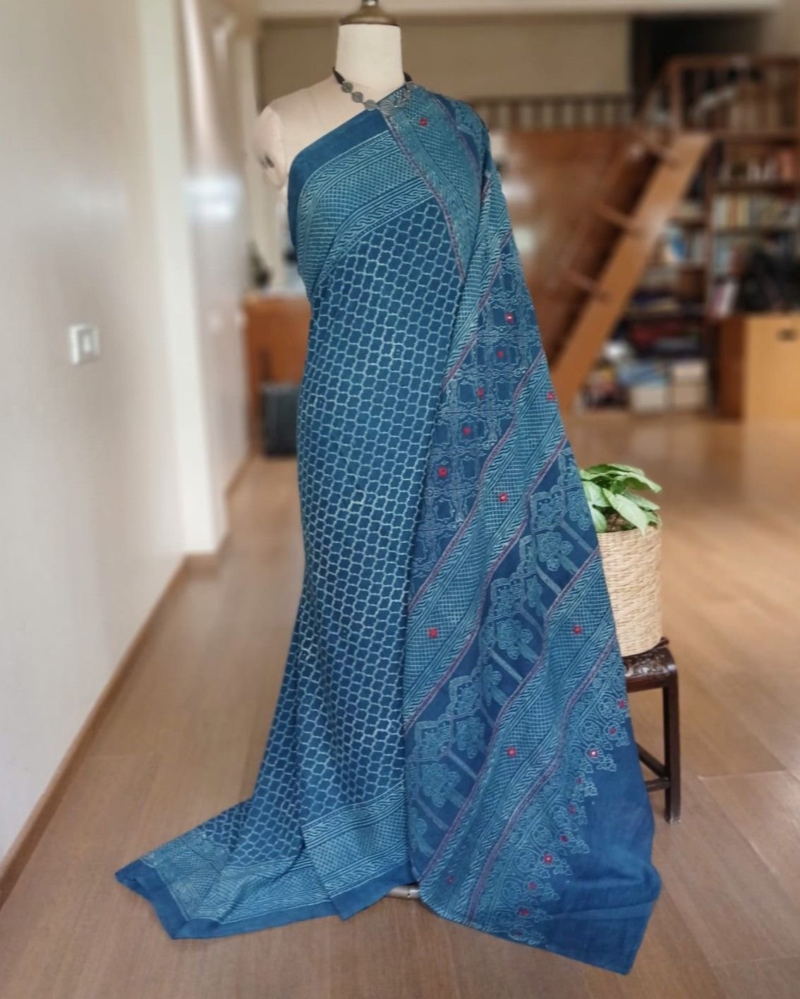 Barmer Ajrakh with Embroidered Palla Mul Cotton Saree – (AMCE0003)