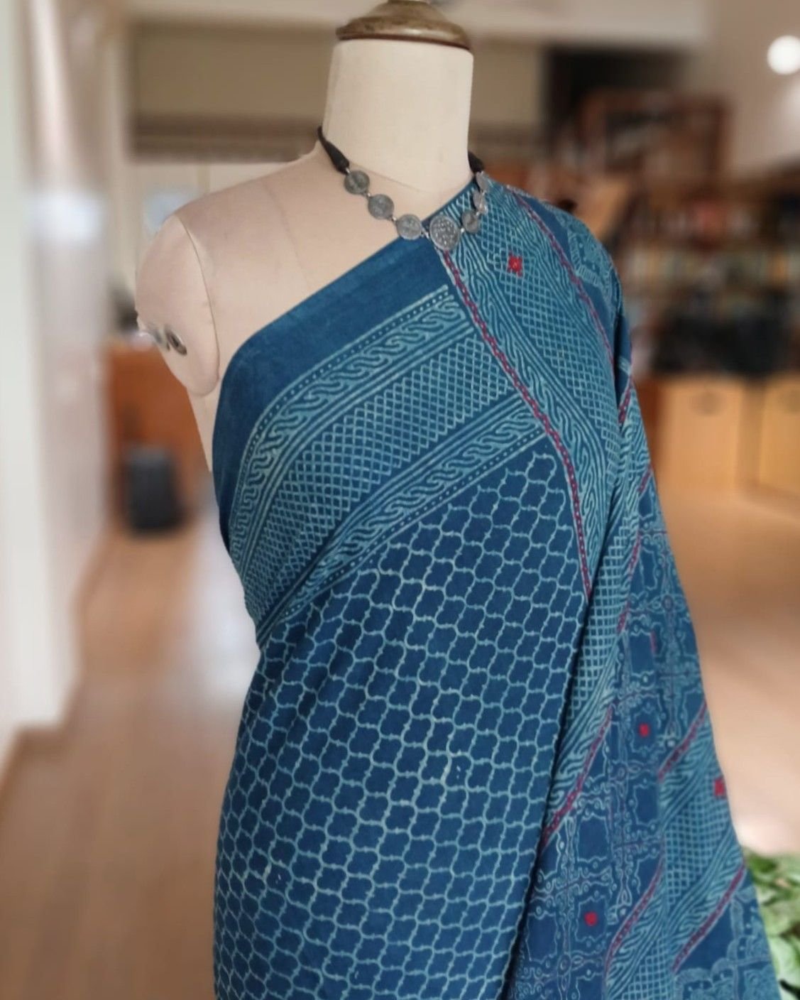 Barmer Ajrakh with Embroidered Palla Mul Cotton Saree – (AMCE0003) - Image 2