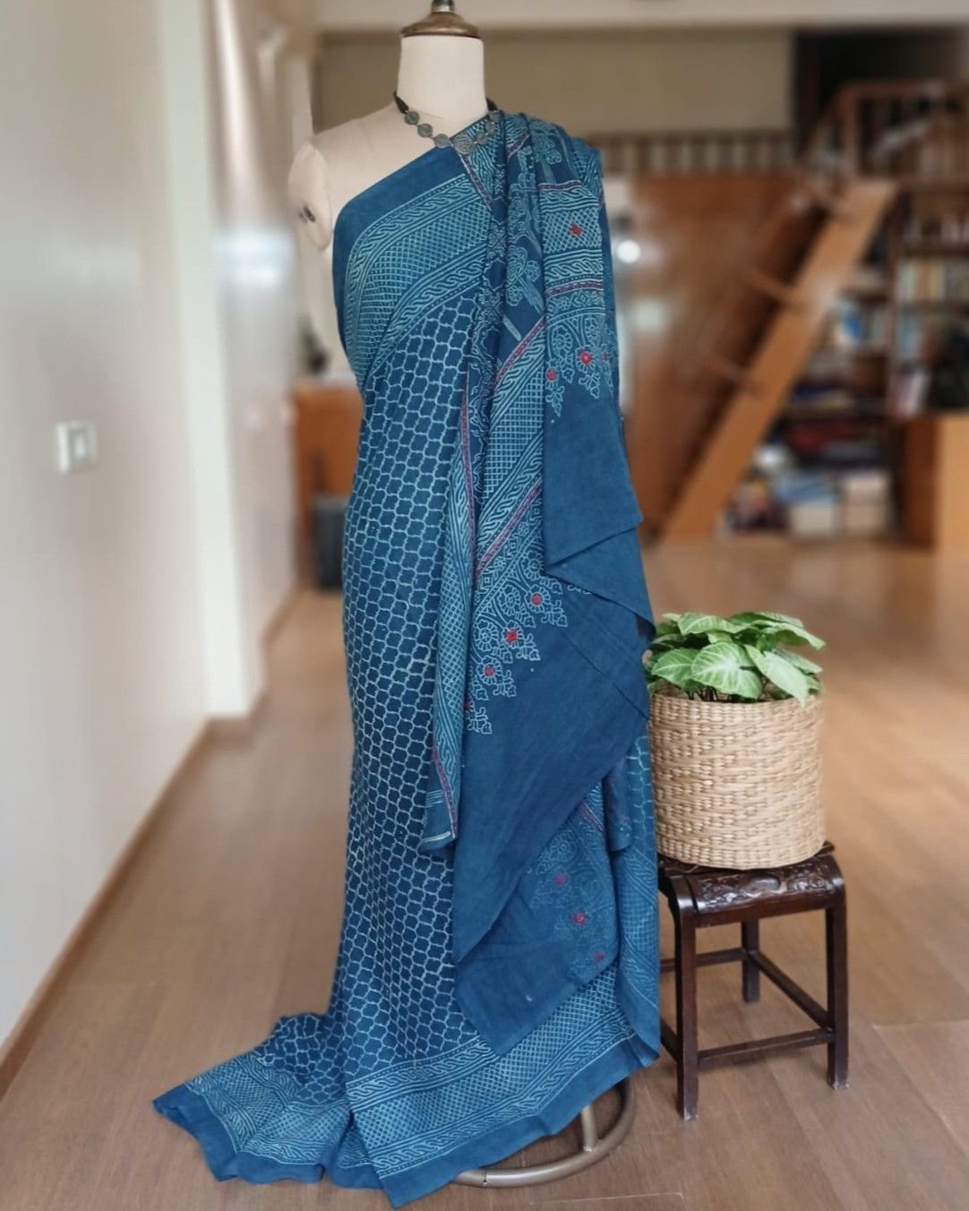 Barmer Ajrakh with Embroidered Palla Mul Cotton Saree – (AMCE0003) - Image 5