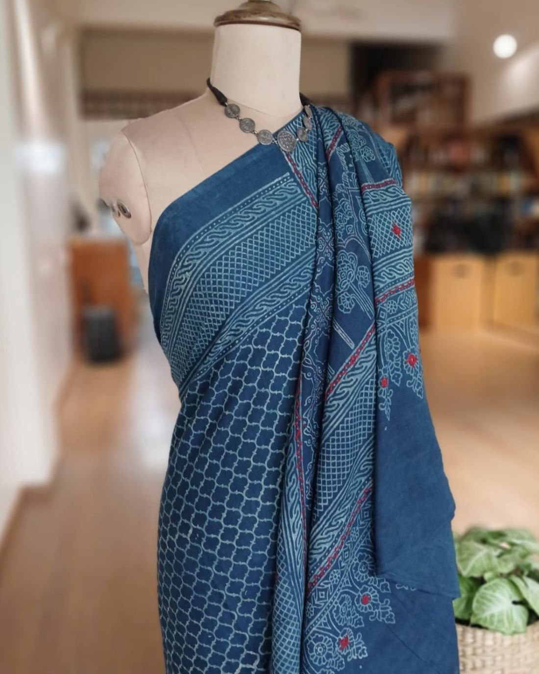 Barmer Ajrakh with Embroidered Palla Mul Cotton Saree – (AMCE0003) - Image 6