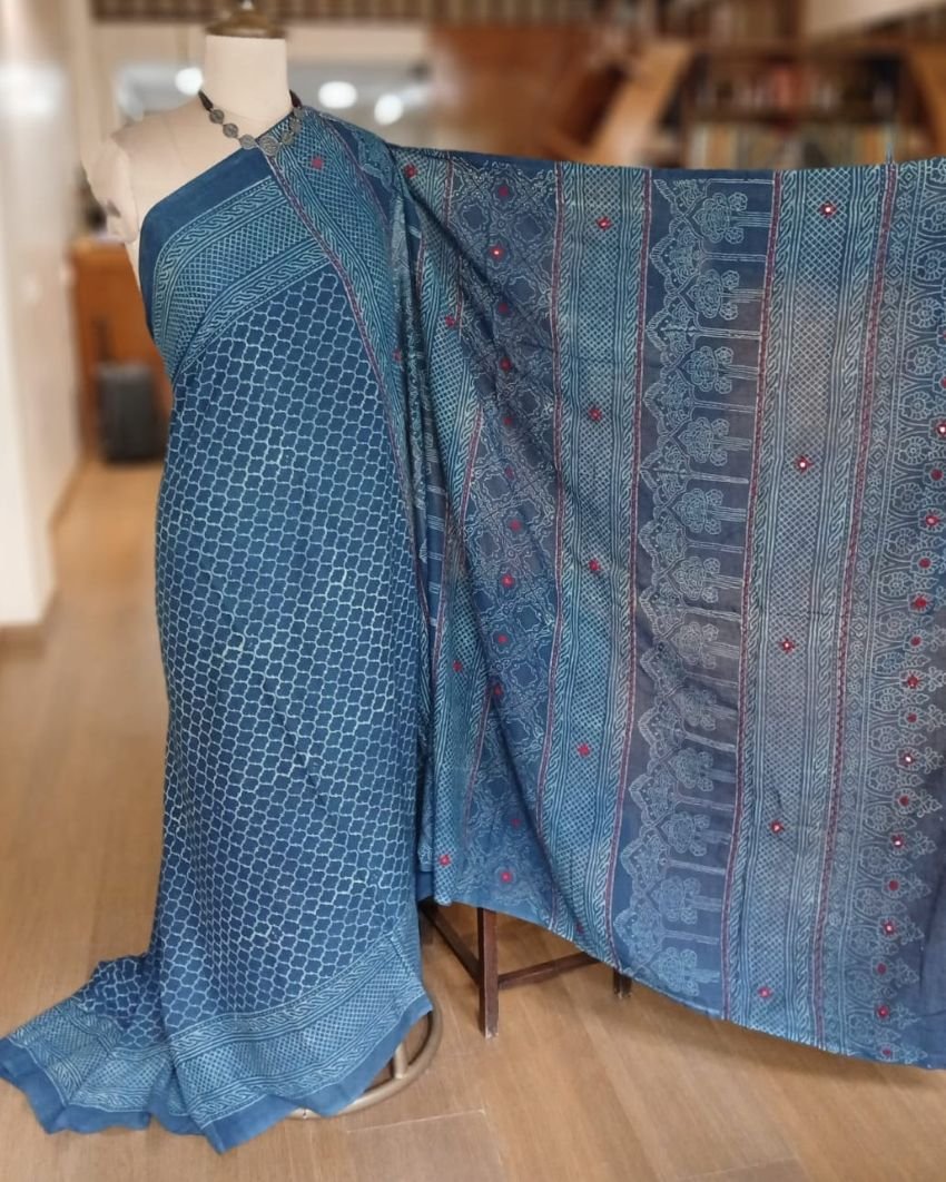 Barmer Ajrakh with Embroidered Palla Mul Cotton Saree – (AMCE0003) - Image 8