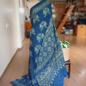 Barmer Ajrakh with Embroidered Palla Mul Cotton Saree – (AMCE0004)