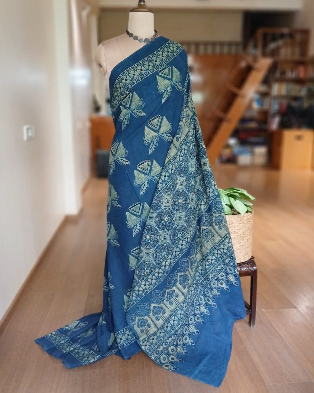 Barmer Ajrakh with Embroidered Palla Mul Cotton Saree – (AMCE0004)