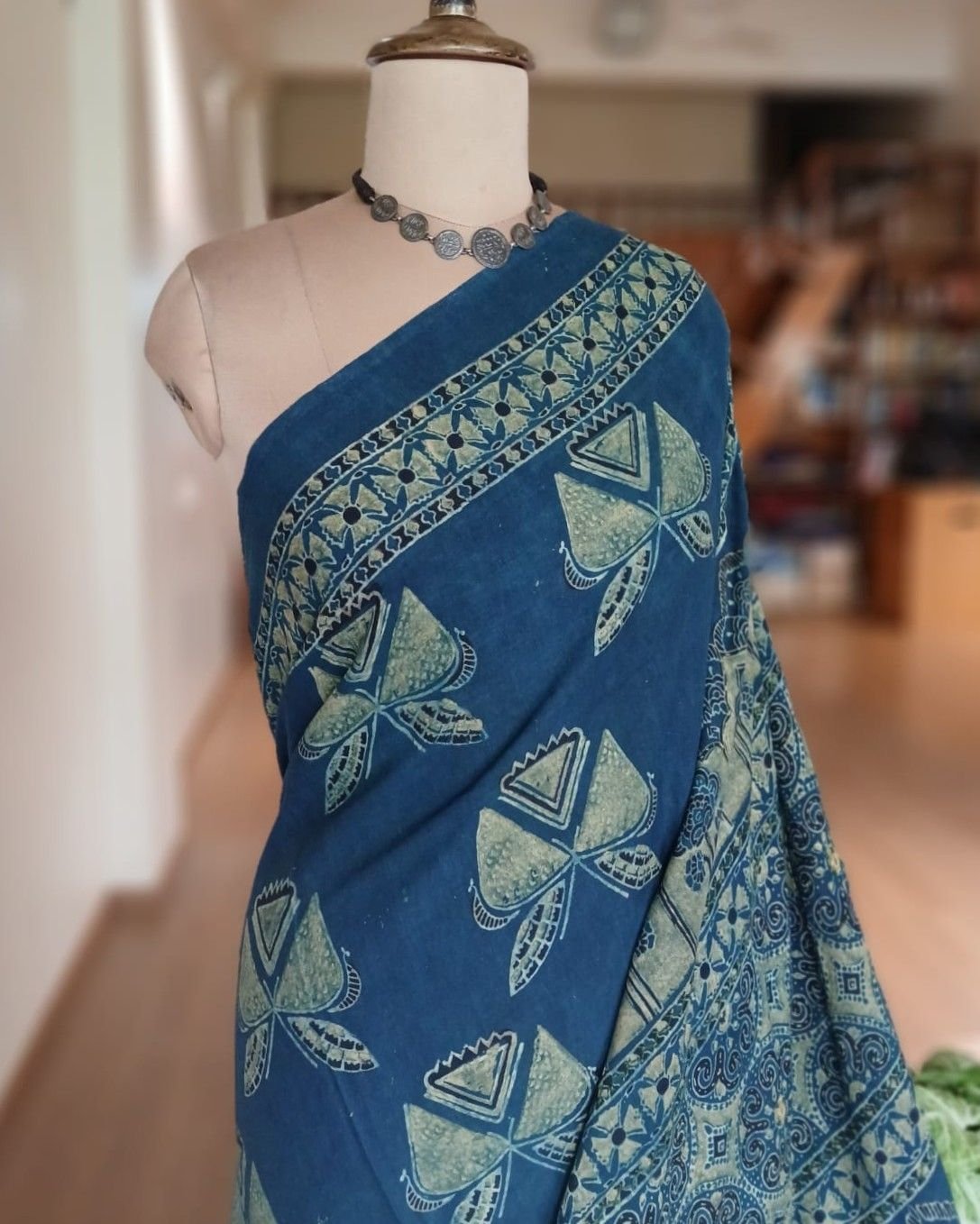 Barmer Ajrakh with Embroidered Palla Mul Cotton Saree – (AMCE0004) - Image 3