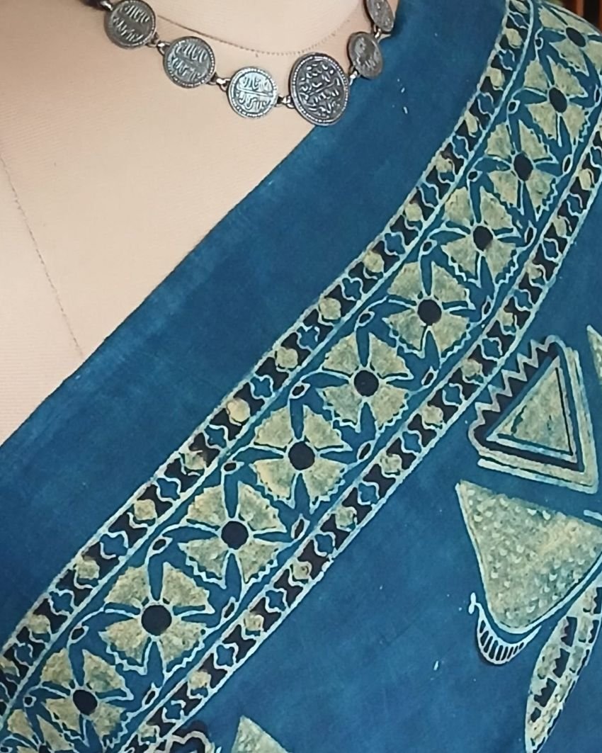 Barmer Ajrakh with Embroidered Palla Mul Cotton Saree – (AMCE0004) - Image 4