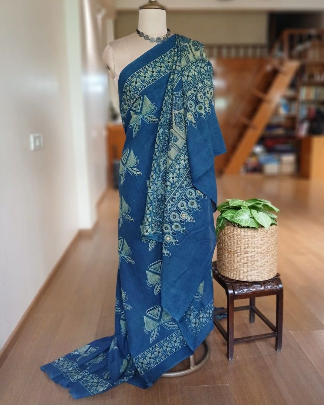 Barmer Ajrakh with Embroidered Palla Mul Cotton Saree – (AMCE0004) - Image 6