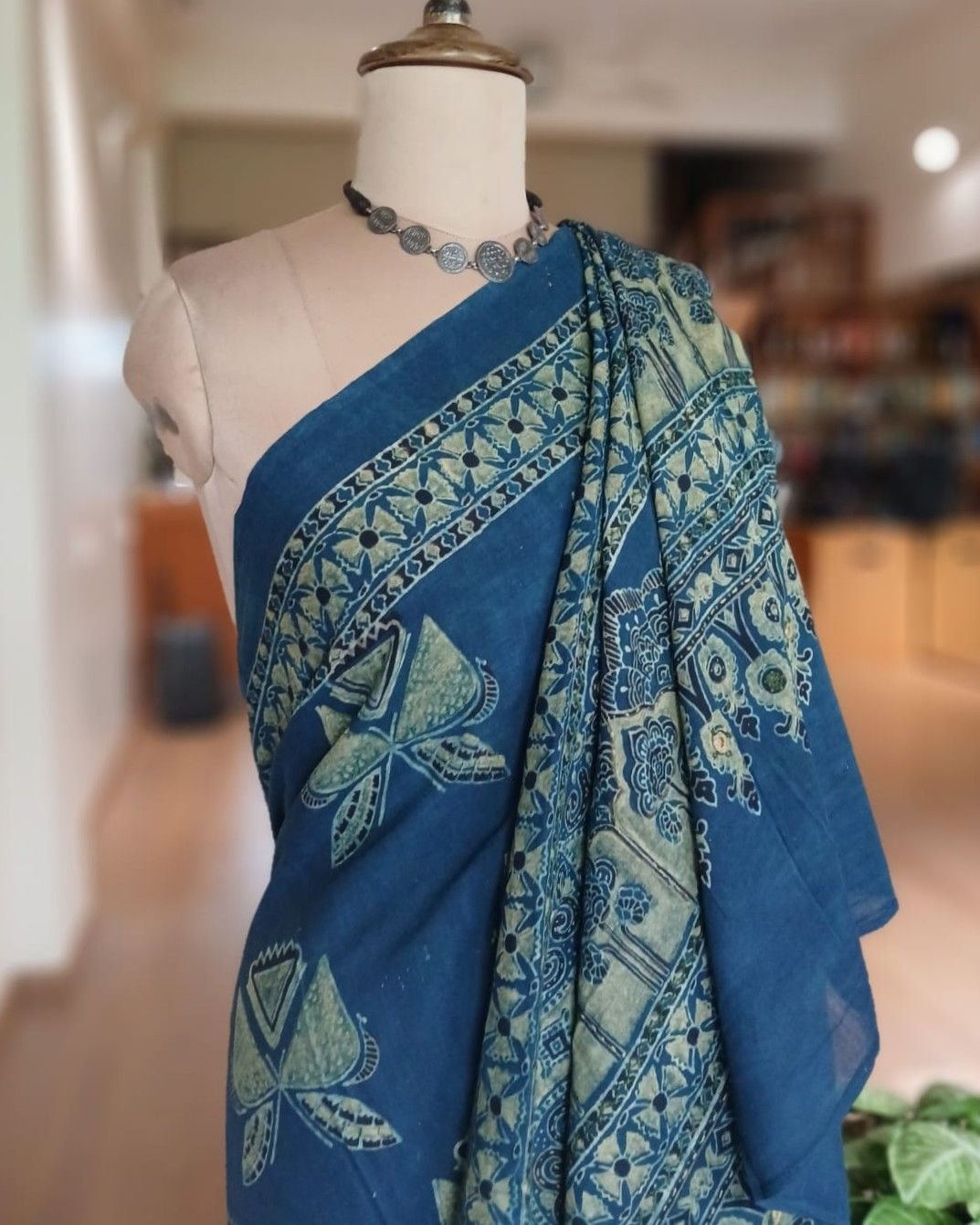 Barmer Ajrakh with Embroidered Palla Mul Cotton Saree – (AMCE0004) - Image 7